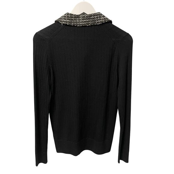 Tory Burch Merino Wool Black Knit Tweed Collar Polo Top Womens Large AS IS - Picture 8 of 10